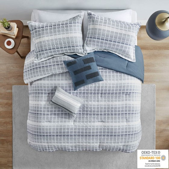 5 Piece Cotton Jacquard Waffle Weave Comforter Set Blue Full/Queen Olliix.com