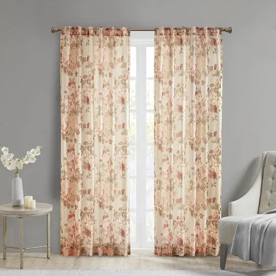 Printed Floral Rod Pocket and Back Tab Voile Sheer Curtain Blush Olliix.com
