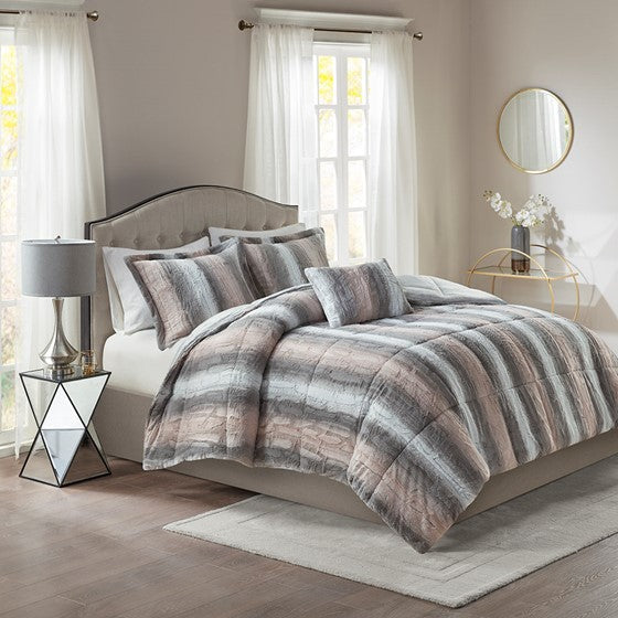 4PC Faux Fur Comforter Set Blush/Grey King Olliix.com