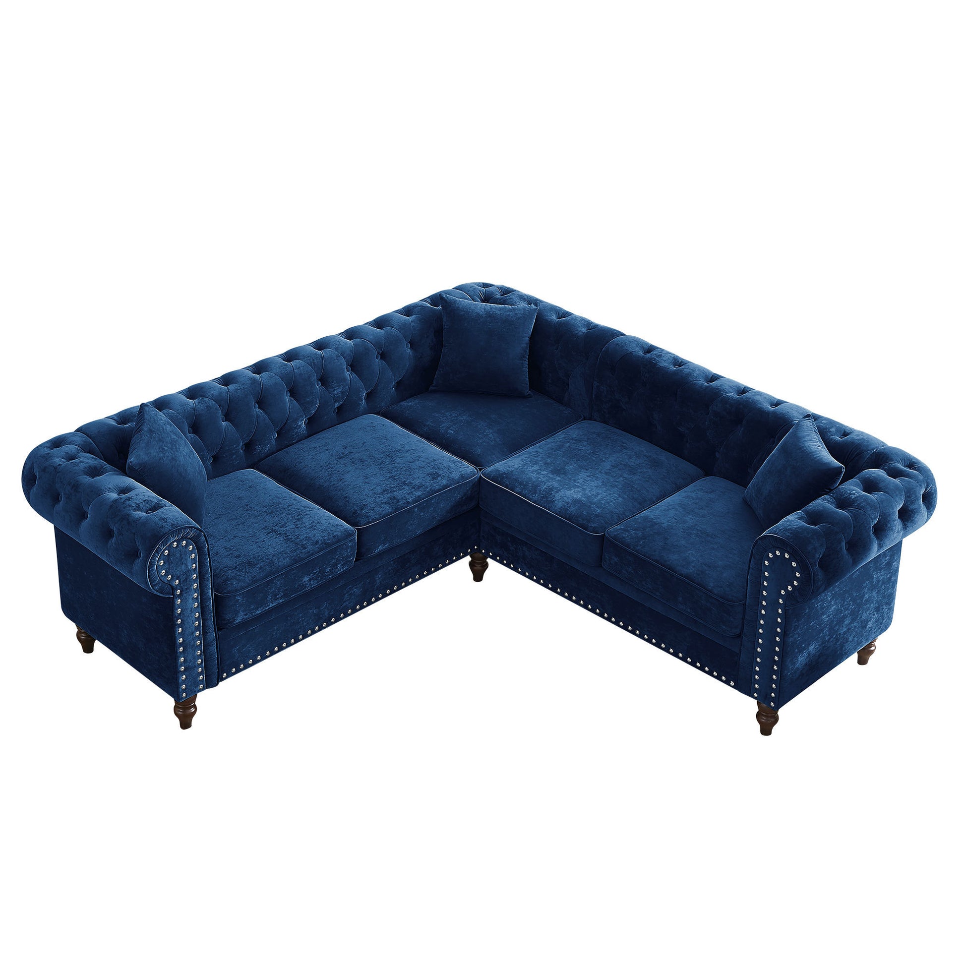 80" Inch Deep Button Tufted Upholstered Roll Arm Luxury Classic Chesterfield L-shaped Sofa 3 Pillows Included, Solid Wood Gourd Legs, Blue Velvet House to Home Furnishings LLC