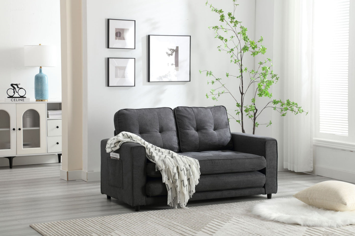 3 Fold Sofa,Convertible Futon Couch sleeper sofabed,Space saving loveseat,Pull Out Couch Bed for Living Room,Dark Gray & Light Gray & Beige,Velvet linen fabric House to Home Furnishings LLC