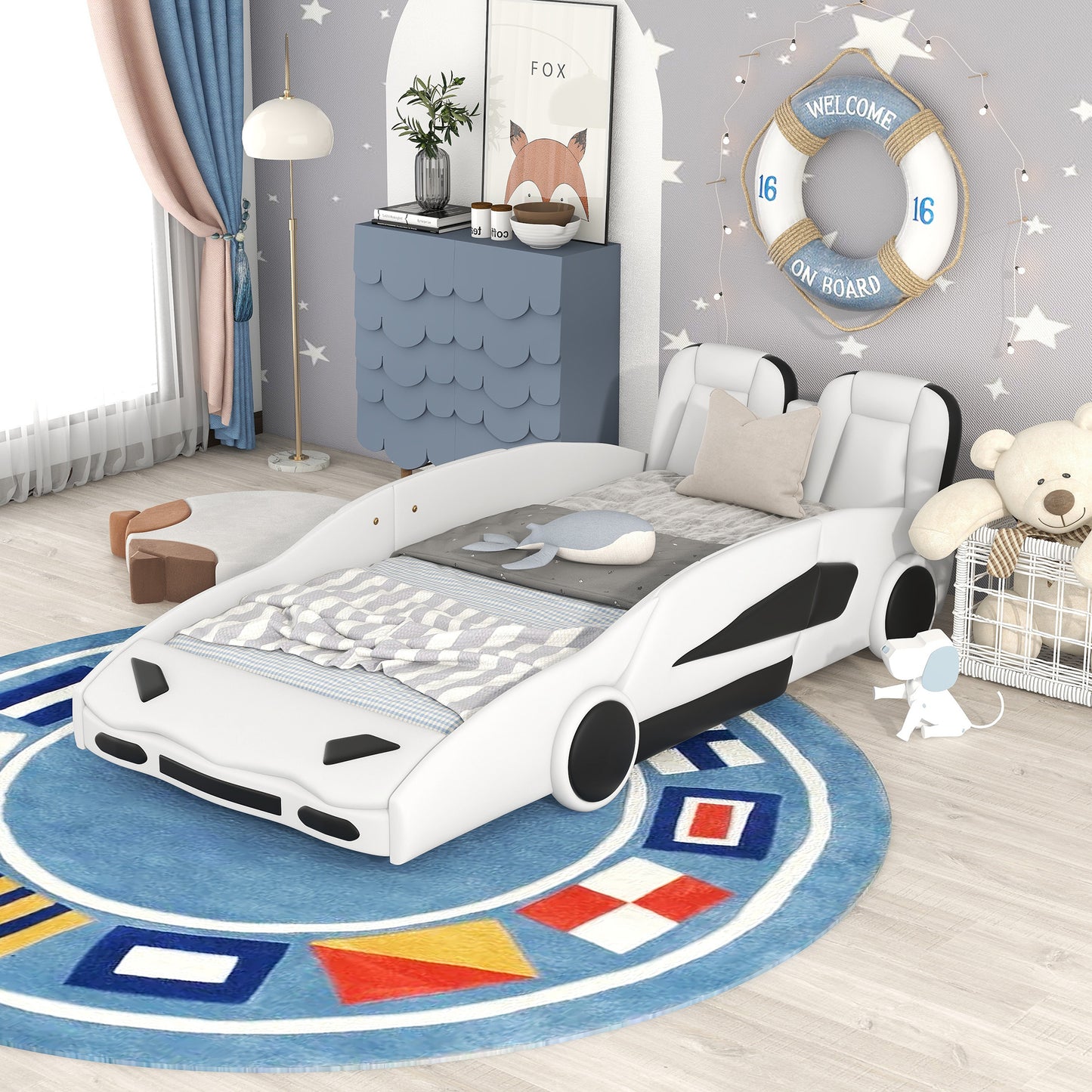 Twin Size Race Car-Shaped Platform Bed with Wheels, White House to Home Furnishings LLC