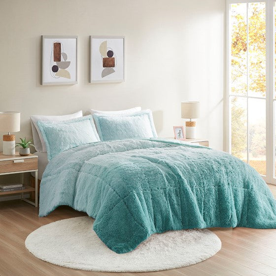 Ombre Shaggy Long Fur Comforter Mini Set Aqua Twin XL Olliix.com