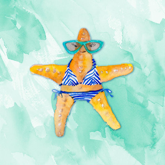 Blue Bikini Starfish On Watercolor By Lanie Loreth - Orange Classy Art