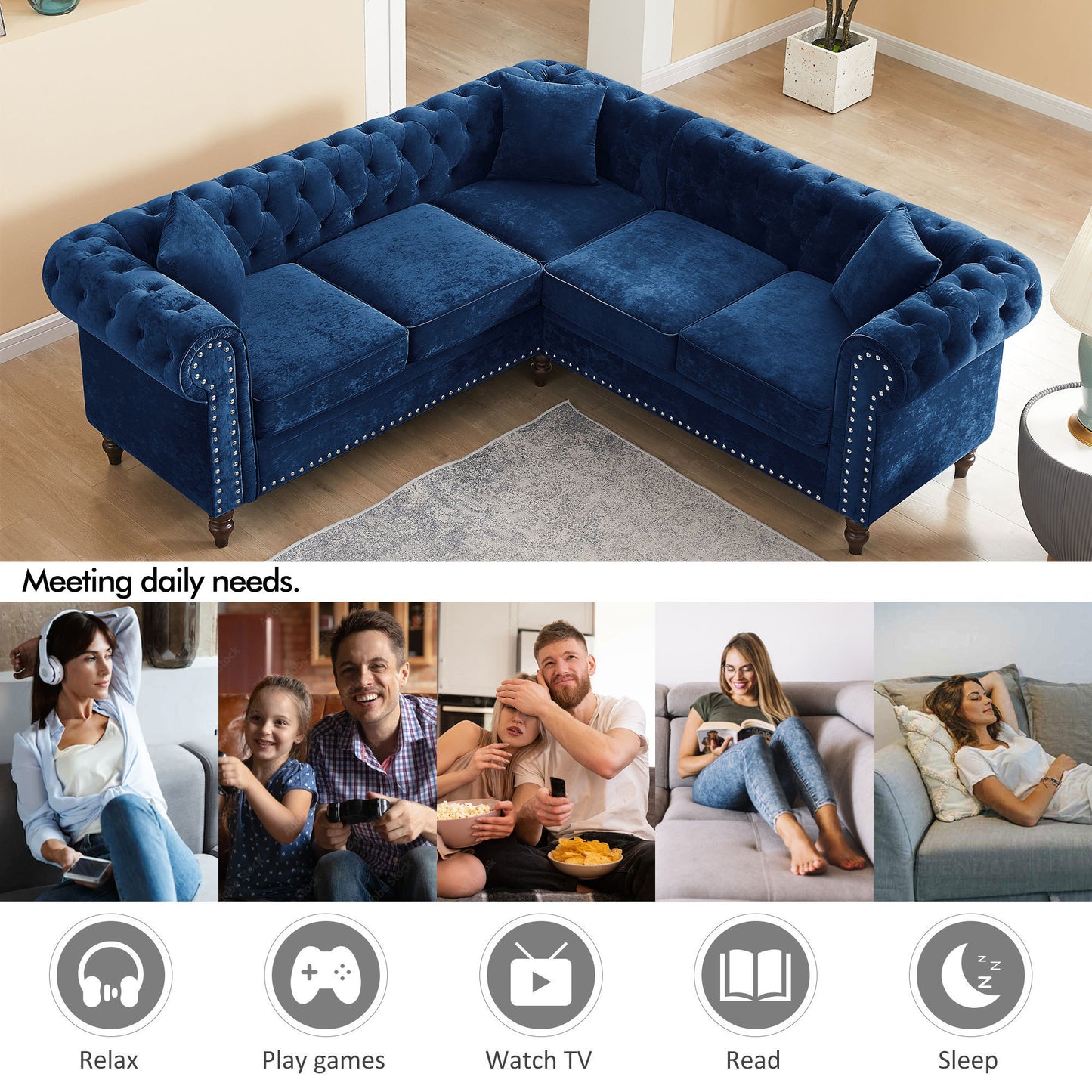 80" Inch Deep Button Tufted Upholstered Roll Arm Luxury Classic Chesterfield L-shaped Sofa 3 Pillows Included, Solid Wood Gourd Legs, Blue Velvet House to Home Furnishings LLC