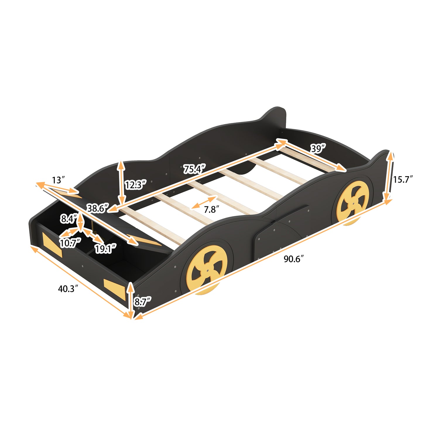 Twin Size Race Car-Shaped Platform Bed with Wheels and Storage, Black+Yellow House to Home Furnishings LLC