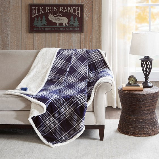 Oversized Plaid Print Faux Mink to Berber Heated Throw Navy Olliix.com