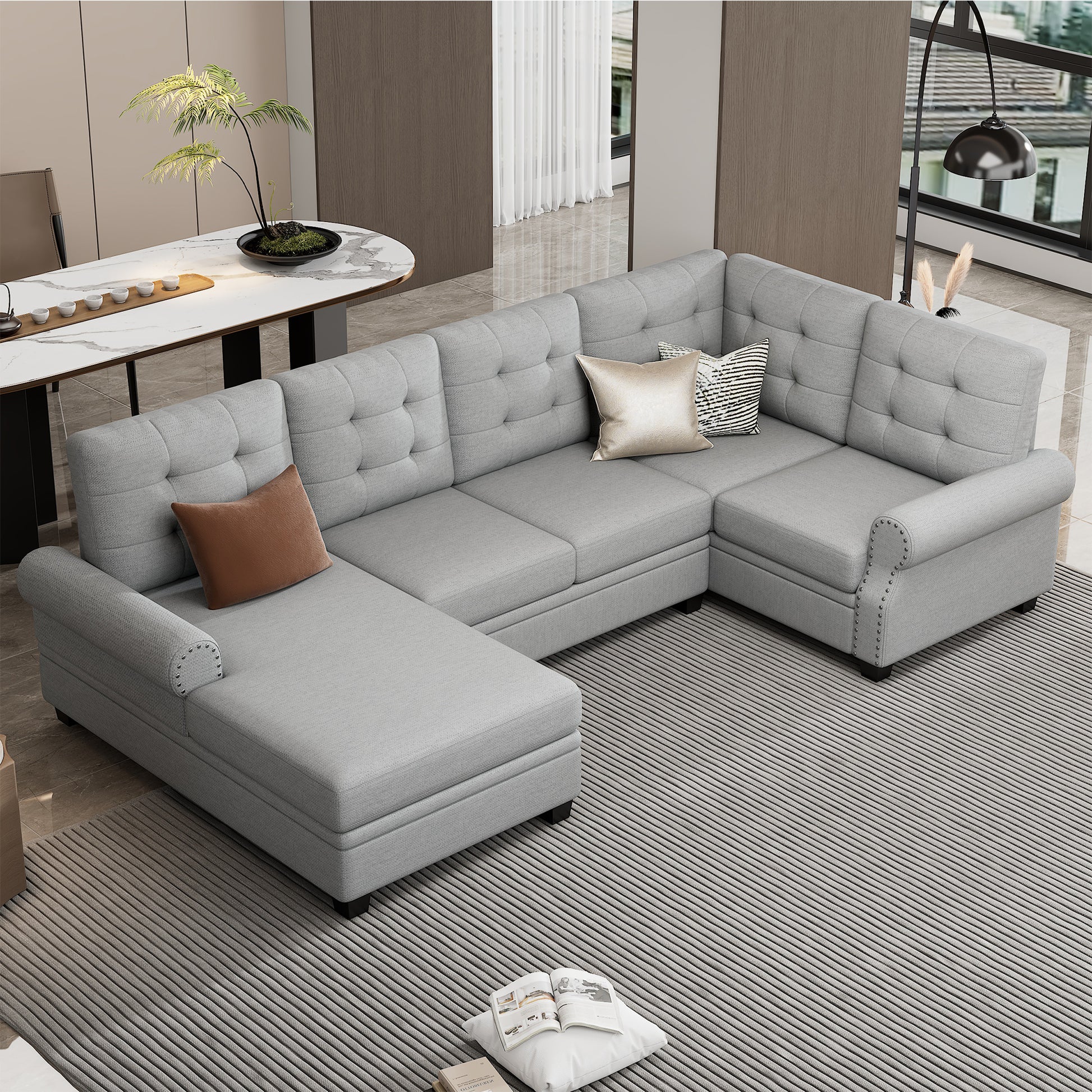 120" Modern U-Shaped Corner Sectional Sofa Upholstered Linen Fabric Sofa Couch for Living Room, Bedroom, Gray House to Home Furnishings LLC