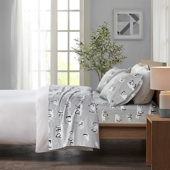 Printed Sheet Set Grey Penguins Twin Olliix.com