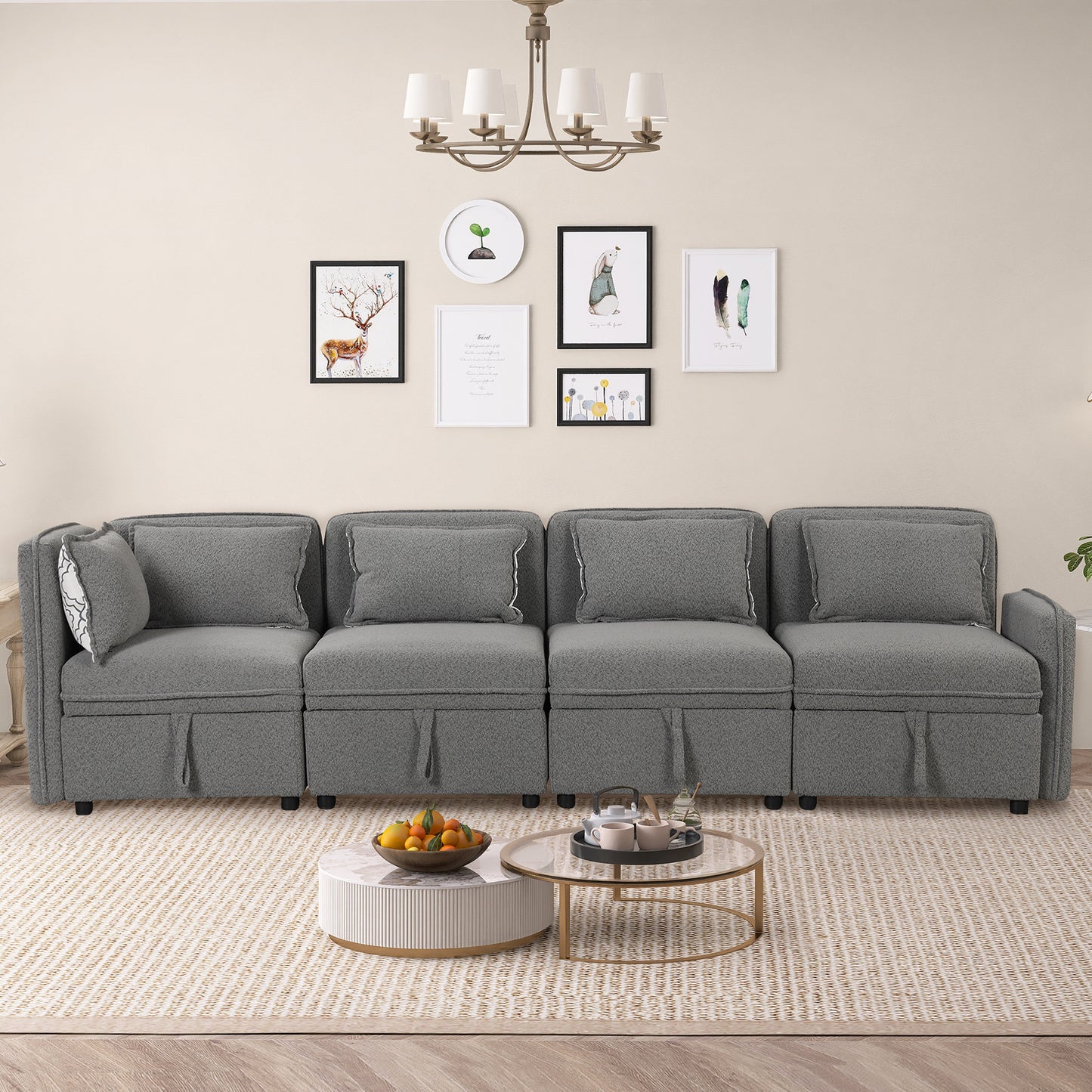 122.8" Convertible Modular Minimalist Sofa Free Combination 4 Seater Sofa Chenille Fabric Sectional sofa with 5 Pillows for Living Room, Office, Apartment, Small Space, Gray House to Home Furnishings LLC