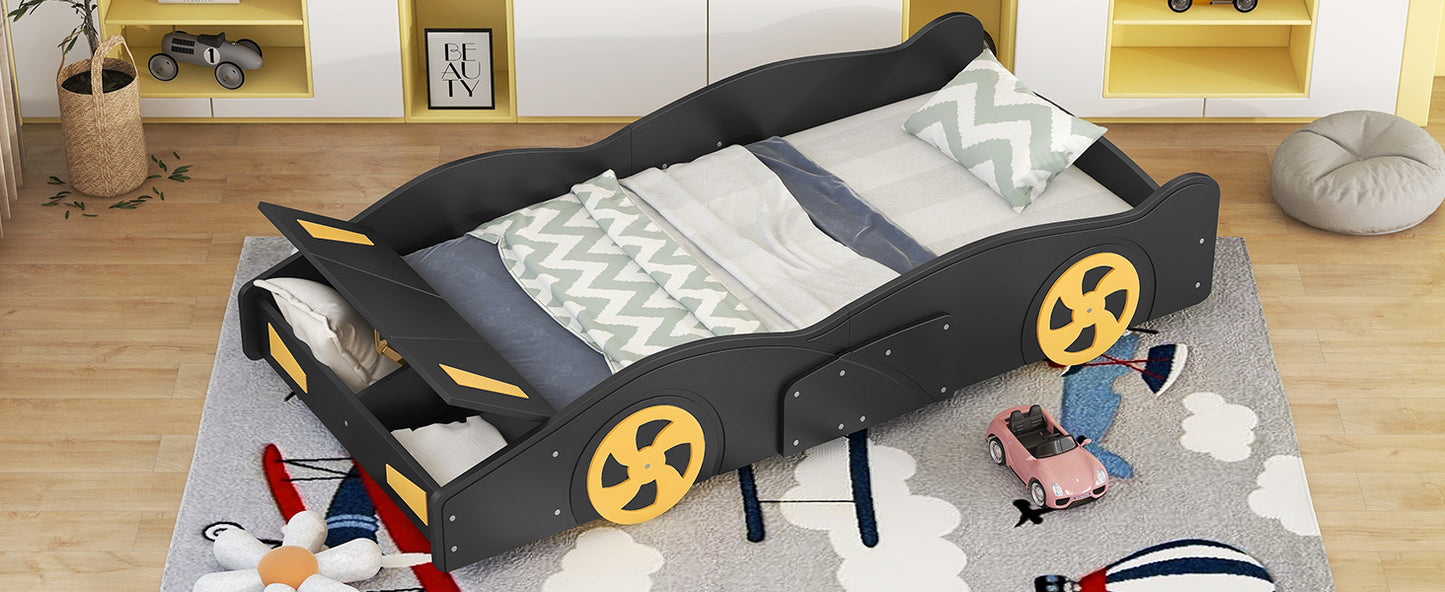 Twin Size Race Car-Shaped Platform Bed with Wheels and Storage, Black+Yellow House to Home Furnishings LLC