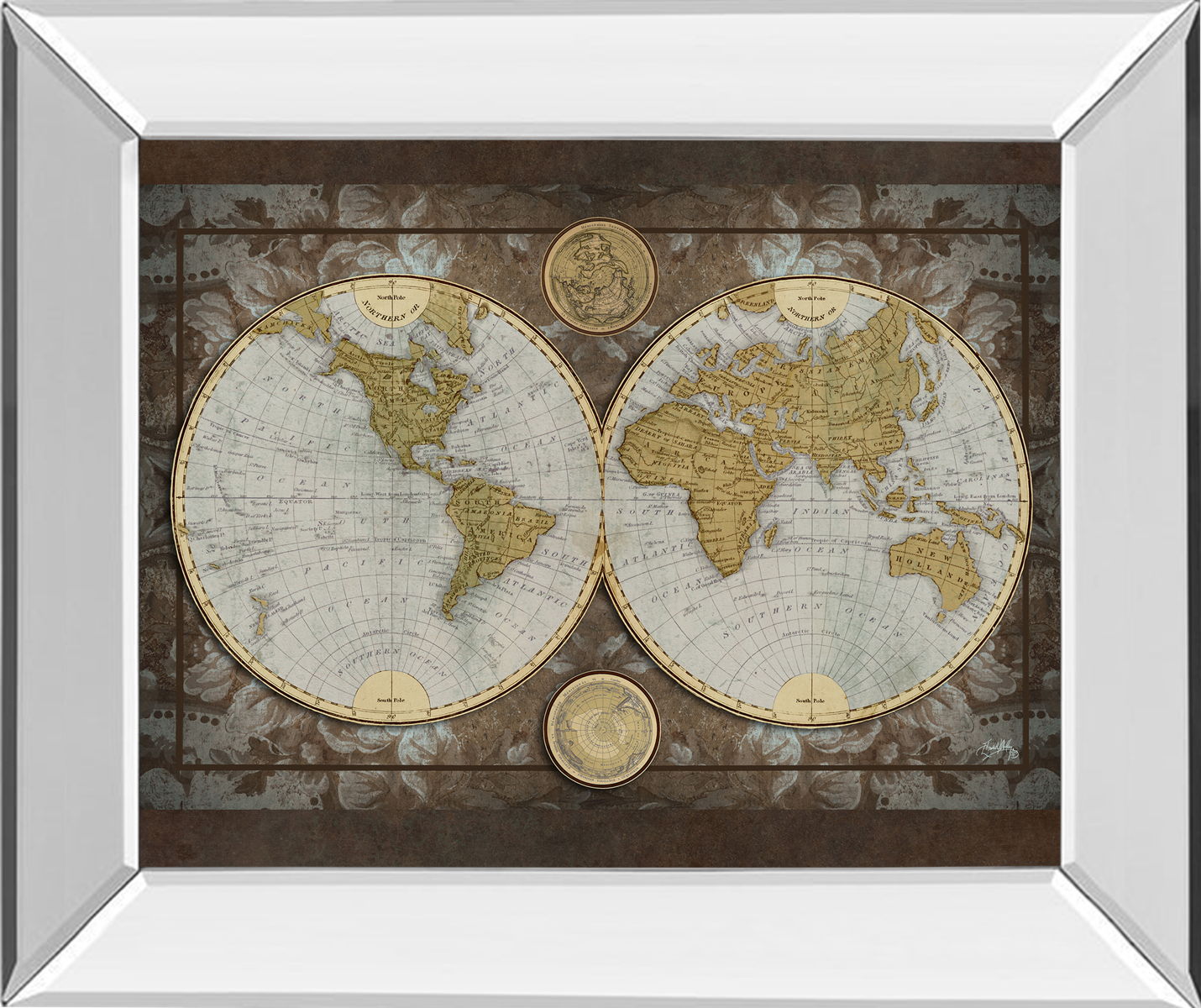 World Map By Elizabeth Medley - Mirror Framed Print Wall Art - Blue Classy Art