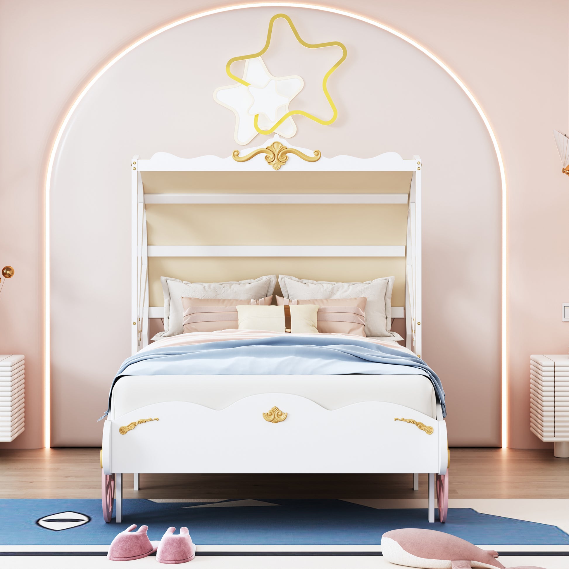 Twin Size Princess Carriage Bed with Canopy, Wood Platform Car Bed with 3D Carving Pattern, White+Pink+Gold House to Home Furnishings LLC