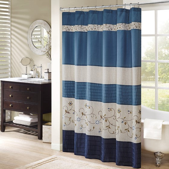 Faux Silk Embroidered Floral Shower Curtain Navy Olliix.com