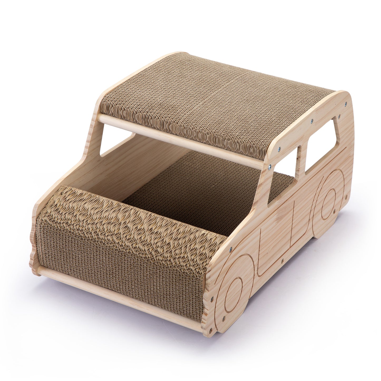 2-in-1 Wood Corrugate Cat Scratcher, Cardboard Cat House, Reversible Car-Shaped Scratch Furniture Protector House to Home Furnishings LLC