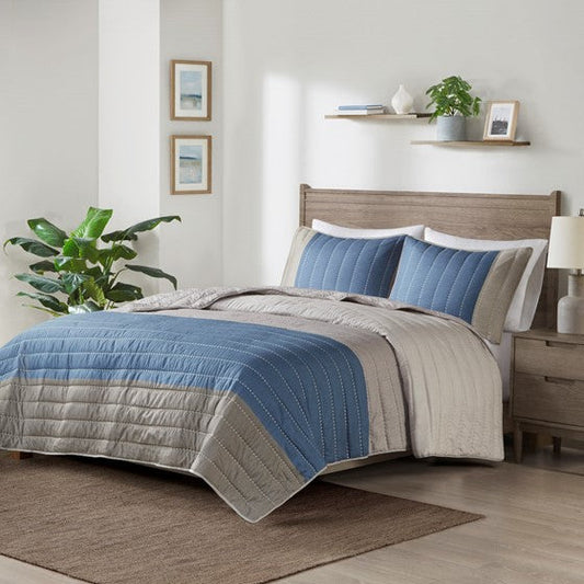 3 Piece Printed Color Blocking Microfiber Quilt Set Taupe/Blue Full/Queen Olliix.com