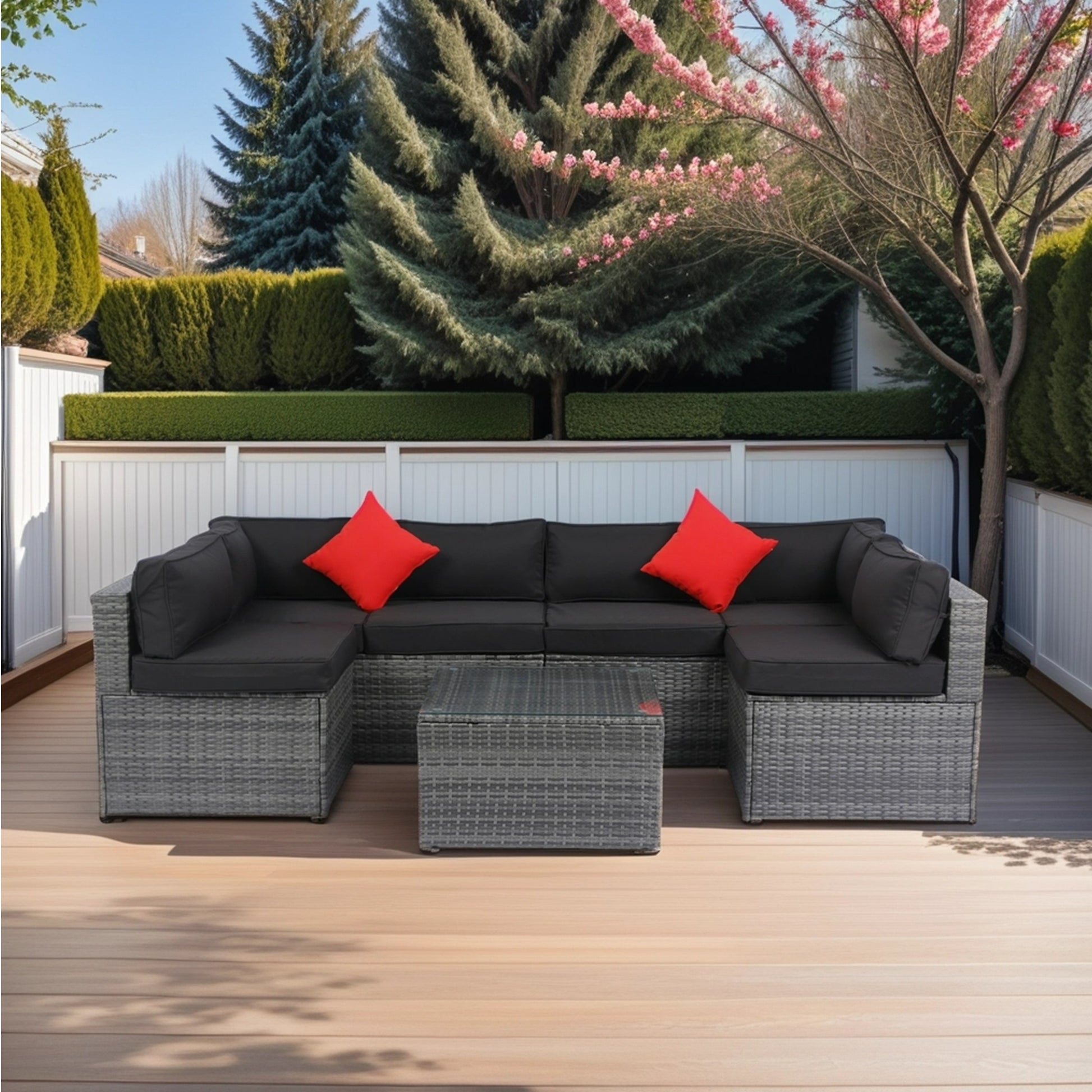 5 Pieces PE Rattan sectional Outdoor Furniture Cushioned U Sofa set with 2 Pillow Grey wicker + Black Cushion House to Home Furnishings LLC