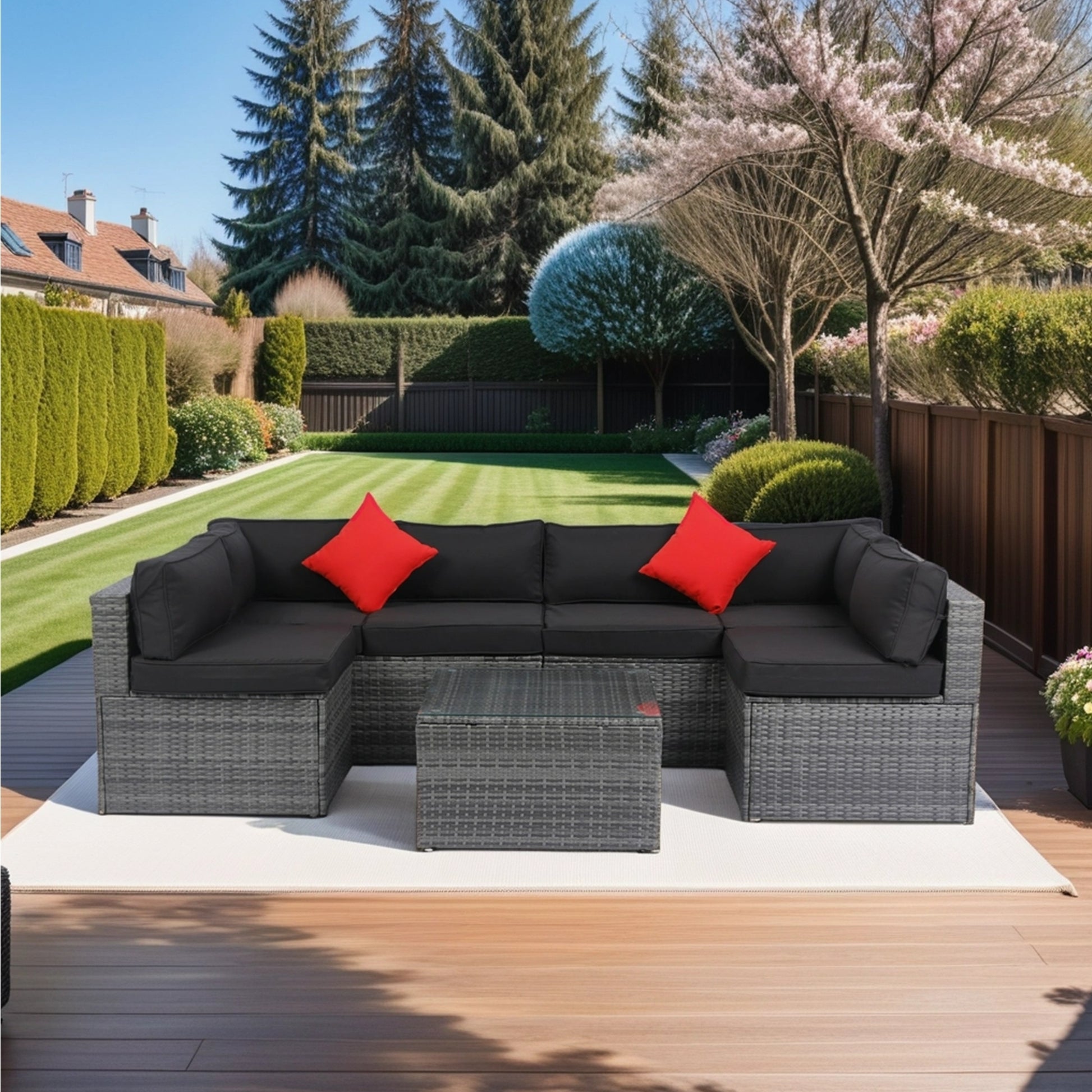 5 Pieces PE Rattan sectional Outdoor Furniture Cushioned U Sofa set with 2 Pillow Grey wicker + Black Cushion House to Home Furnishings LLC