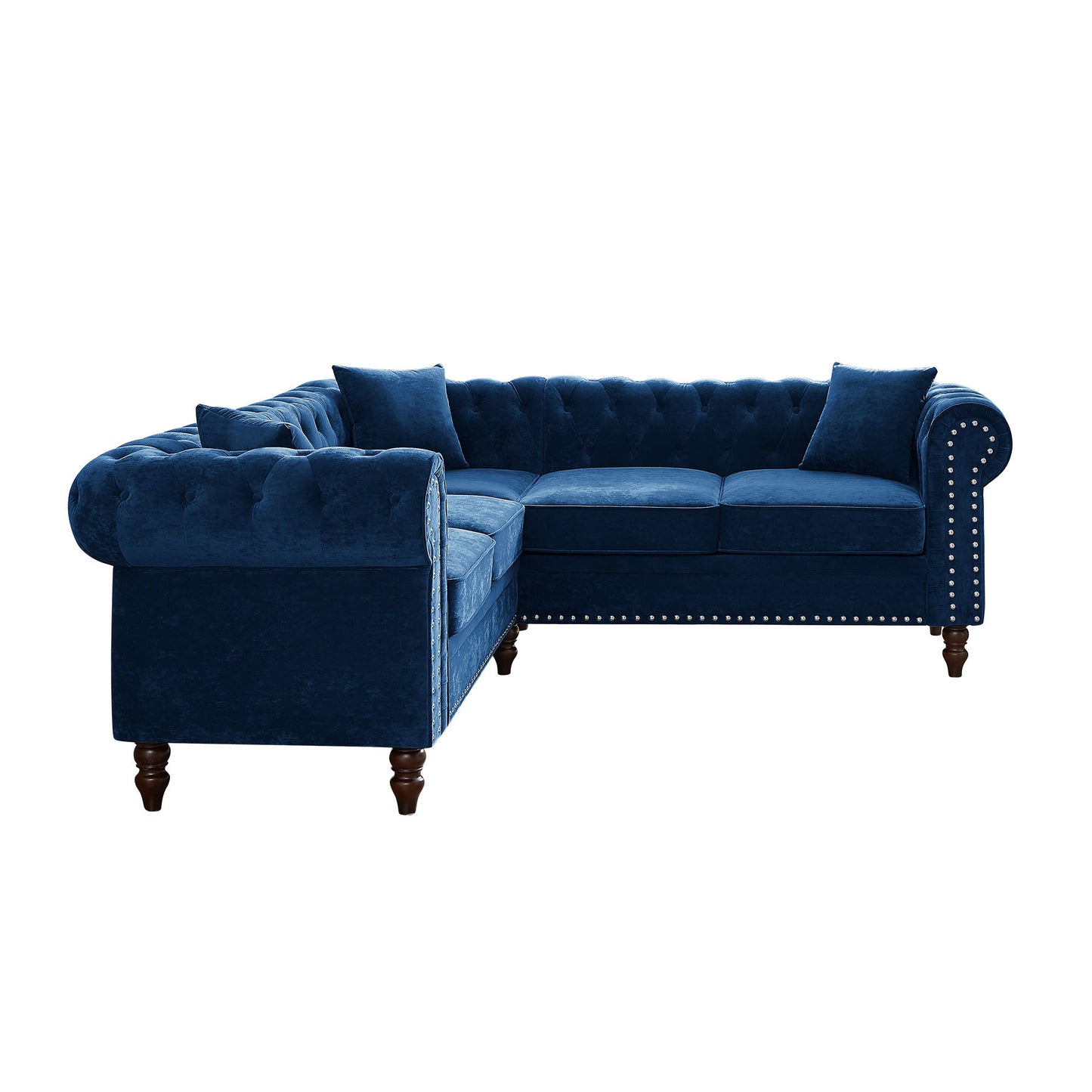 80" Inch Deep Button Tufted Upholstered Roll Arm Luxury Classic Chesterfield L-shaped Sofa 3 Pillows Included, Solid Wood Gourd Legs, Blue Velvet House to Home Furnishings LLC