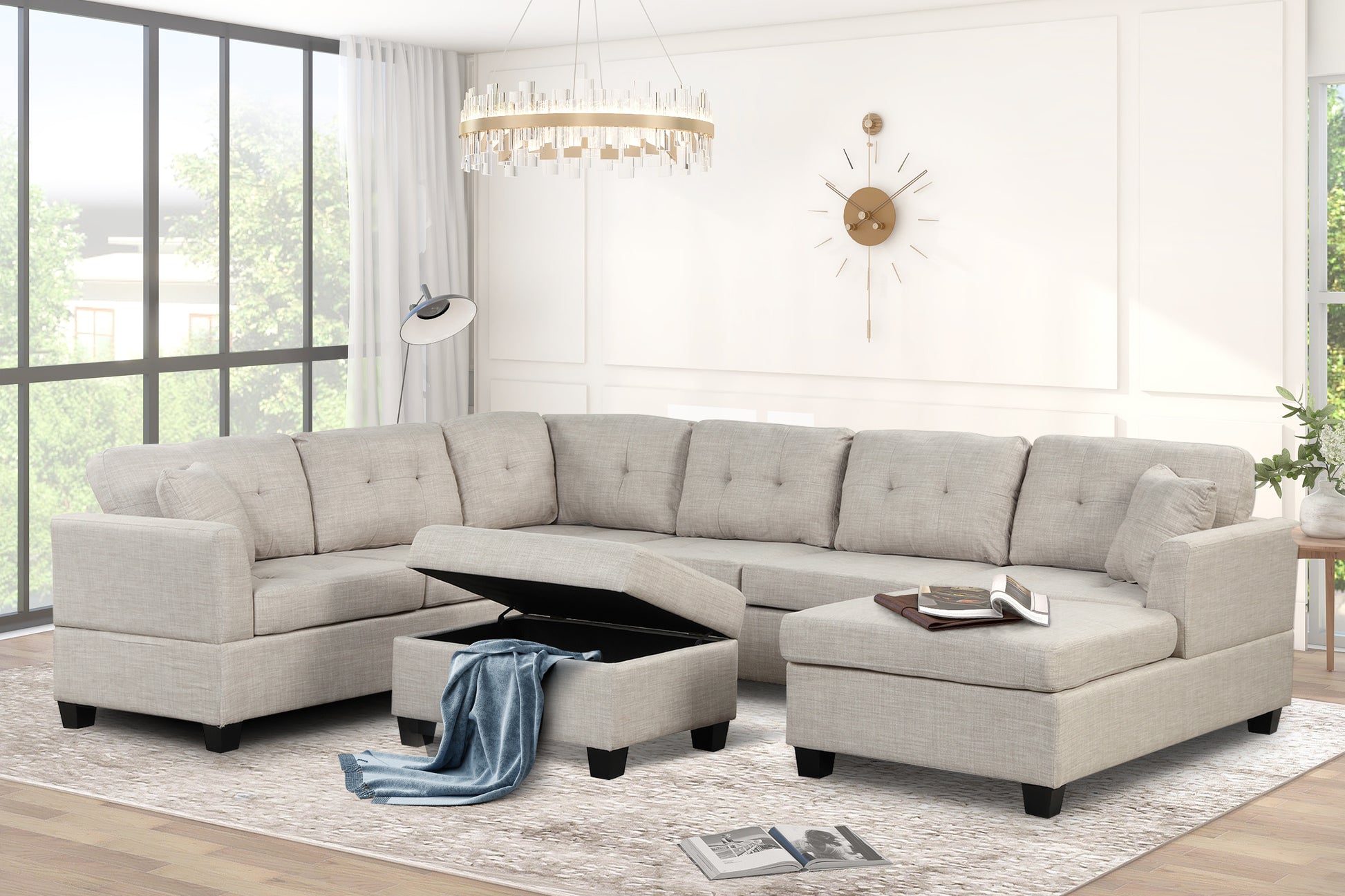 121.3" Oversized Sectional Sofa with Storage Ottoman, U Shaped Sectional Couch with 2 Throw Pillows for Large Space Dorm Apartment House to Home Furnishings LLC