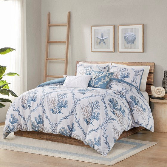 5 Piece Cotton Duvet Cover Set with Throw Pillows Blue/White Cal King Olliix.com