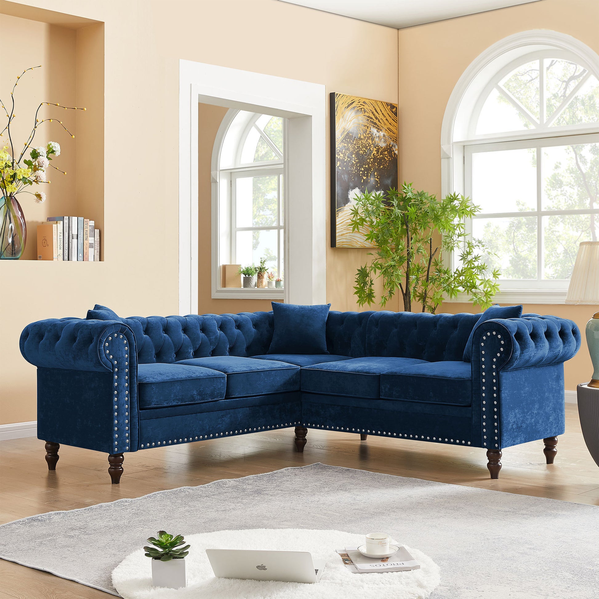 80" Inch Deep Button Tufted Upholstered Roll Arm Luxury Classic Chesterfield L-shaped Sofa 3 Pillows Included, Solid Wood Gourd Legs, Blue Velvet House to Home Furnishings LLC