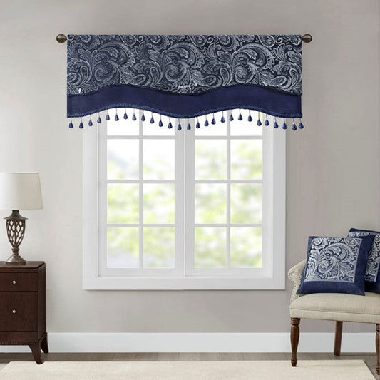 Jacquard Window Rod Pocket Valance With Beads Navy Olliix.com