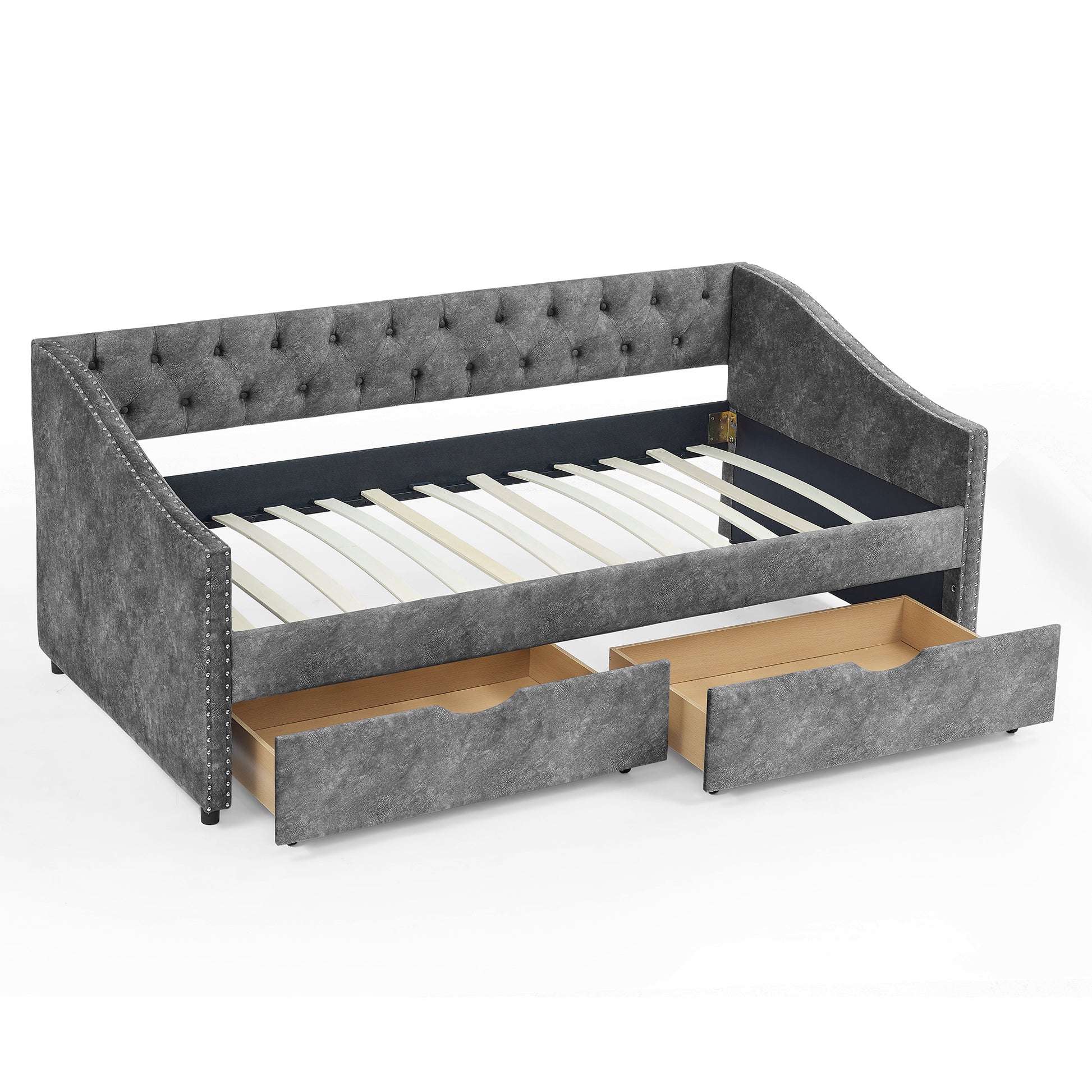 Twin Size Daybed with Drawers Upholstered Tufted Sofa Bed, with Button on Back and Copper Nail on Waved Shape Arms, Grey  (81.5''x4''x30.5'') House to Home Furnishings LLC