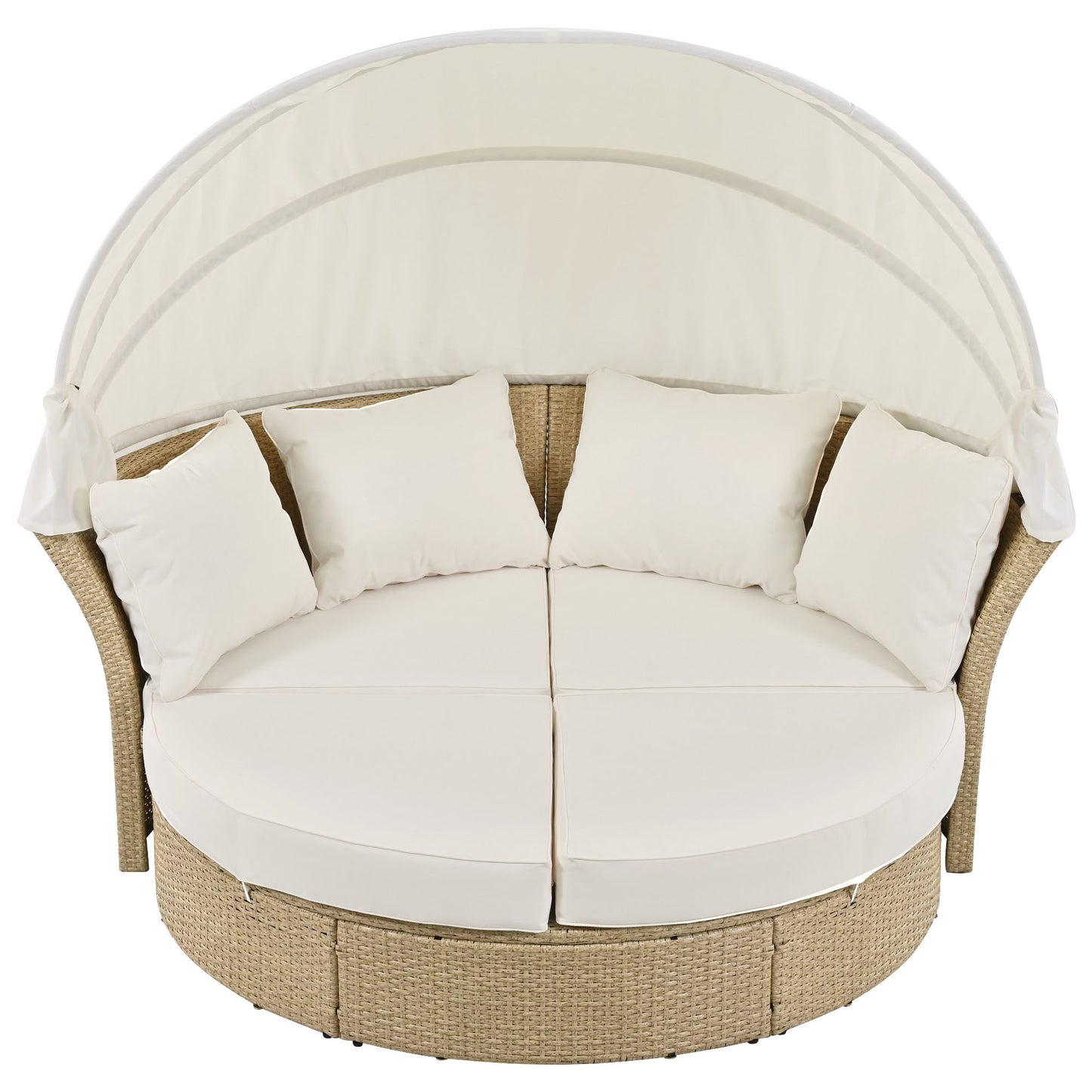 Outdoor Patio Daybed Wicker Rattan Double Daybed Round Sofa Furniture Set with Retractable Canopy, 4 Pillows for Lawn Garden Backyard Porch Pool, Beige House to Home Furnishings LLC