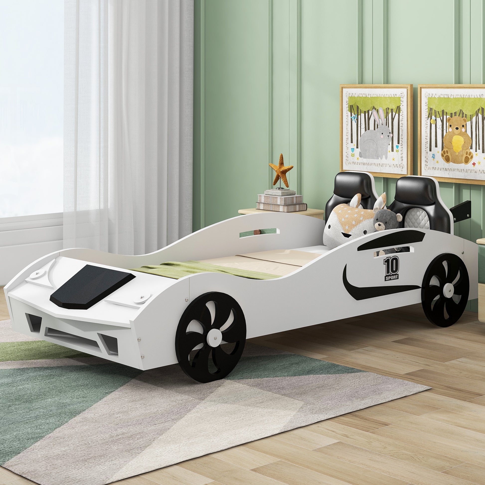 Twin Size Race Car-Shaped Platform Bed with Upholstered Backrest and Storage, White House to Home Furnishings LLC