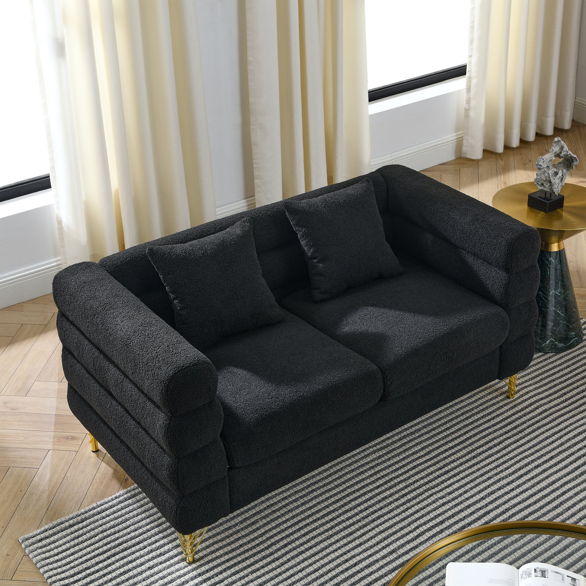 60 Inch Oversized 2 Seater Sectional Sofa, Living Room Comfort Fabric Sectional Sofa - Deep Seating Sectional Sofa, Soft Sitting with 2 Pillows for Living Room, Bedroom, Office, etc., Black teddy House to Home Furnishings LLC