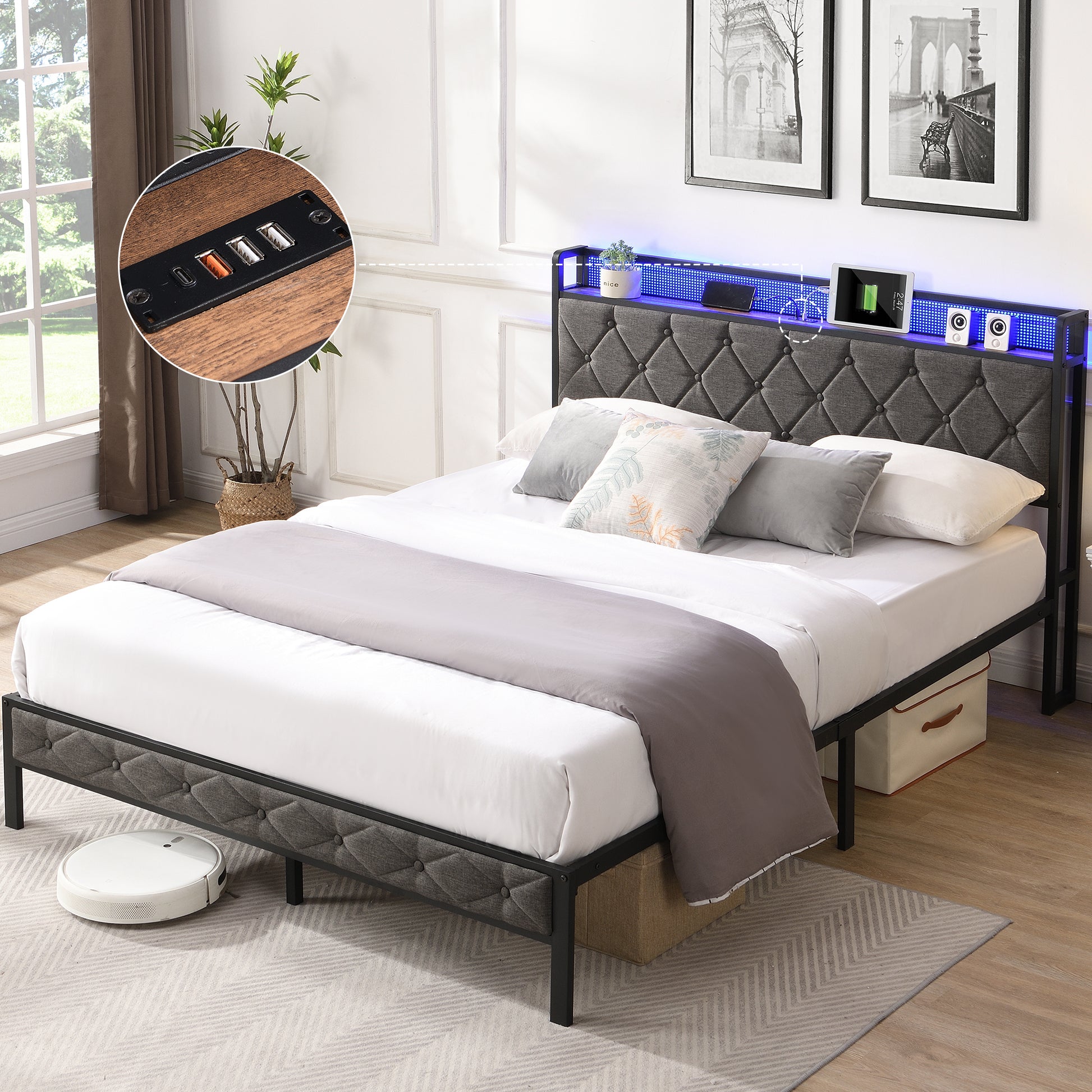 Full Bed Frame with  Storage Headboard, Charging Station and LED Lights, Upholstered Platform Bed with Heavy Metal Slats, No Box Spring Needed, Noise Free, Easy Assembly, Dark Gray House to Home Furnishings LLC