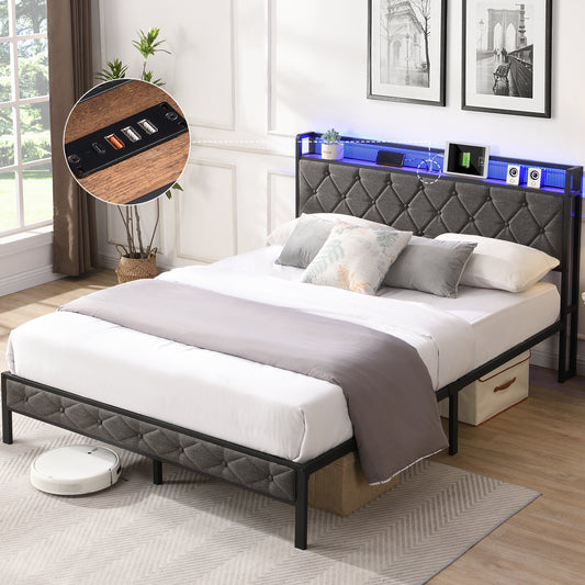 Full Bed Frame with  Storage Headboard, Charging Station and LED Lights, Upholstered Platform Bed with Heavy Metal Slats, No Box Spring Needed, Noise Free, Easy Assembly, Dark Gray