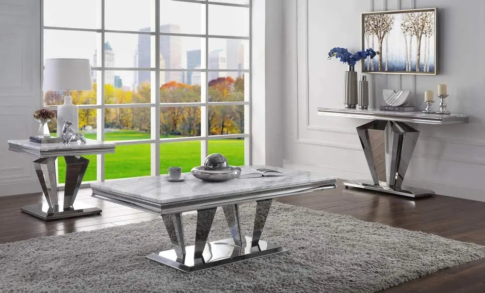 Satinka Light Gray Printed Faux Marble & Mirrored Silver Finish Table Set ACME East