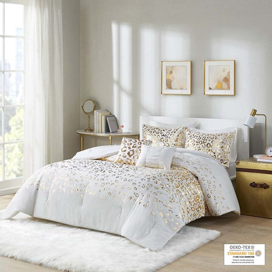 Metallic Animal Printed Comforter Set Ivory/Gold Twin XL Olliix.com