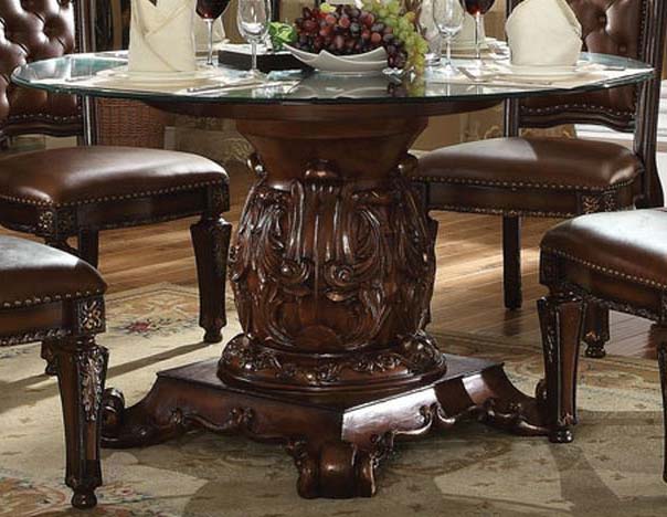 Acme Vendome Single Pedestal Dining Table with 54" Tempered Glass Top in Cherry 62010 ACME East