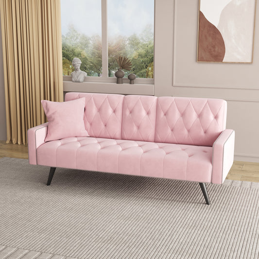1730 Sofa Bed Armrest with Nail Head Trim with Two Cup Holders 72" Premium Pink Velvet  Sofa for Small Spaces
