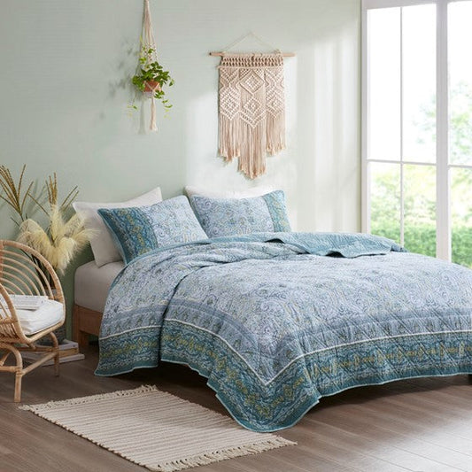 3 Piece Reversible Cotton Coverlet Set Teal Cal King Olliix.com