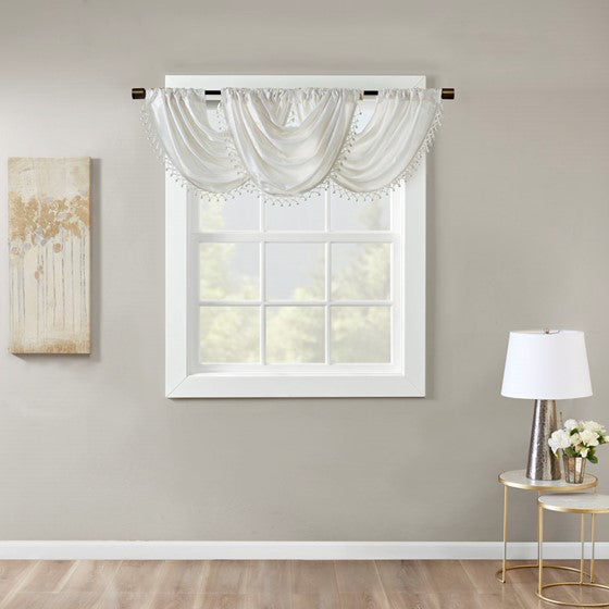 Marble Jacquard Rod Pocket Valance Embellished Trim White Olliix.com