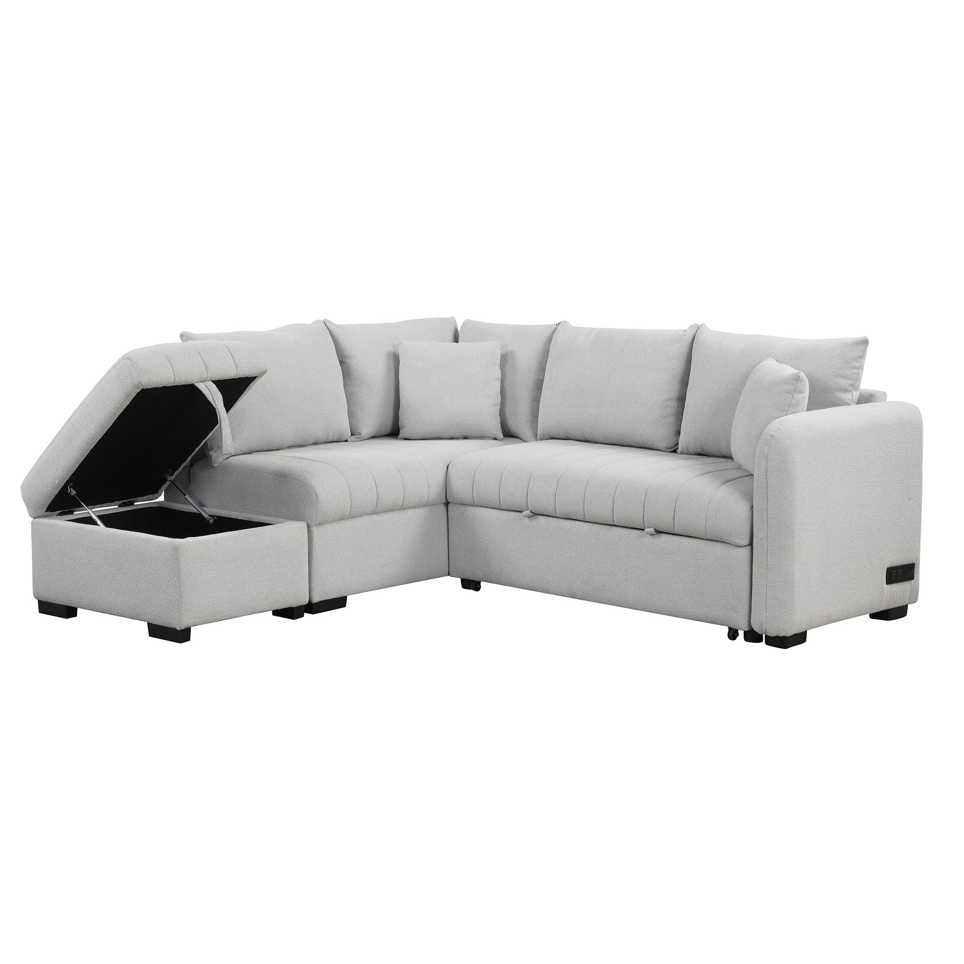 82.6" L-shaped Sectional Pull Out Sofa Bed Sleeper Sofa with Two USB Ports, Two Power Sockets and a Movable Storage Ottoman, Gray ***(FREE SHIPPING)*** House to Home Furnishings LLC