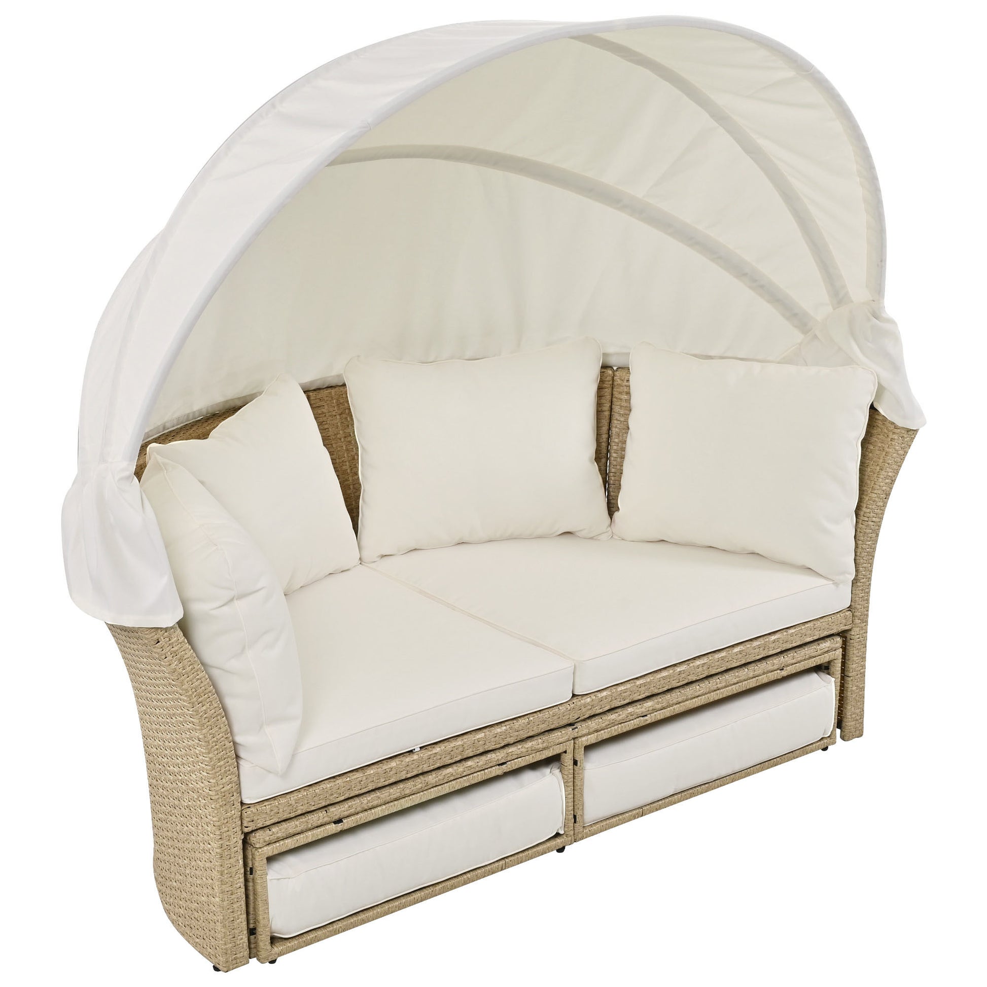 Outdoor Patio Daybed Wicker Rattan Double Daybed Round Sofa Furniture Set with Retractable Canopy, 4 Pillows for Lawn Garden Backyard Porch Pool, Beige House to Home Furnishings LLC