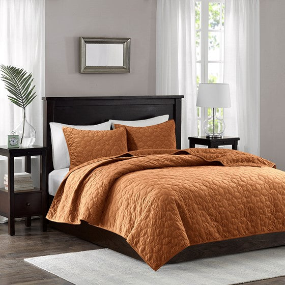 3 Piece Velvet Quilt Set Rust Full/Queen Olliix.com