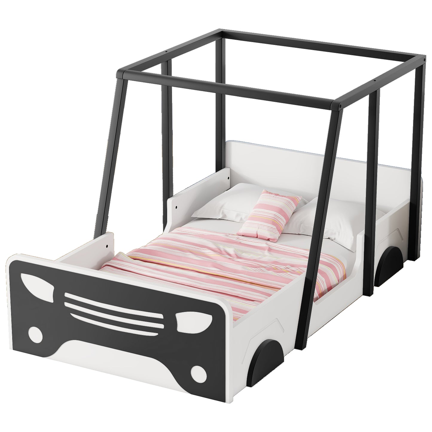 Twin Size Car-shaped Bed with Roof,Wooden Twin Floor Bed with wheels and door Design,Montessori Inspired Bedroom,Black House to Home Furnishings LLC