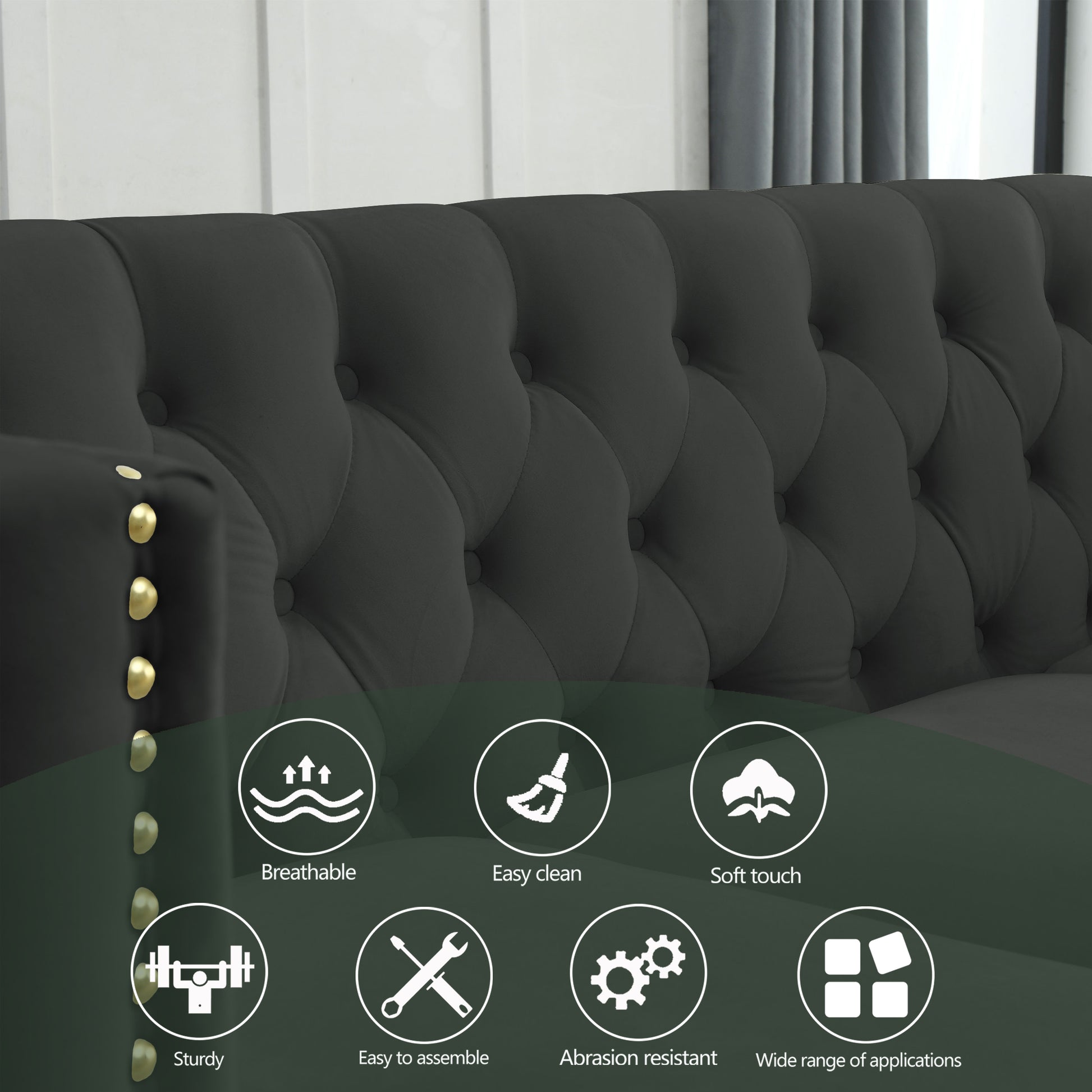 {Contact us for 3D modeling} Velvet Sofa for Living Room,Buttons Tufted Square Arm Couch, Modern Couch Upholstered Button and Metal Legs, Sofa Couch for Bedroom, Black Velvet(W834S00022) House to Home Furnishings LLC