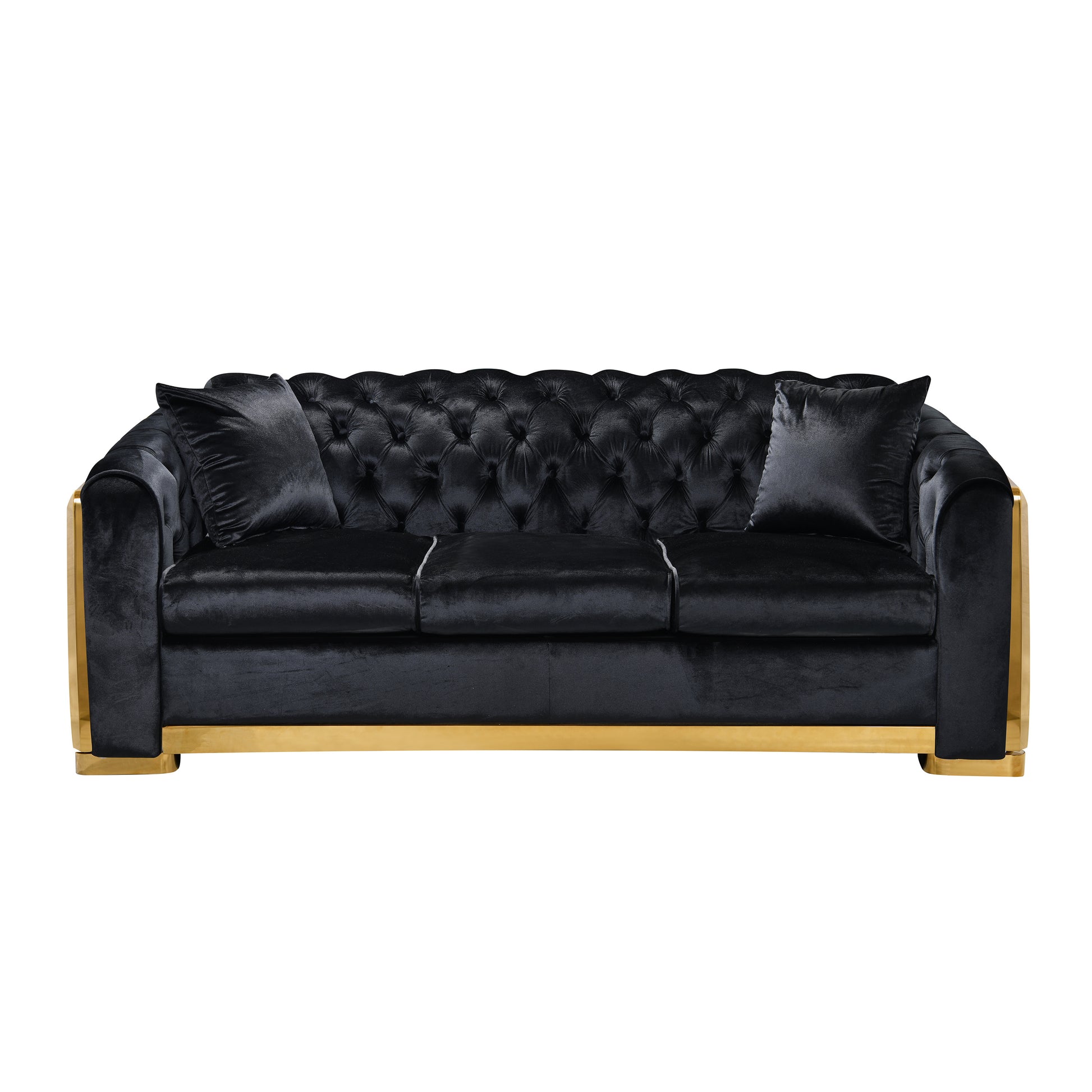 Velvet Luxury Chesterfield Sofa Set, 84 Inches Tufted 3 Seat Couch with Gold Stainless for Living Room, Black Fabric House to Home Furnishings LLC