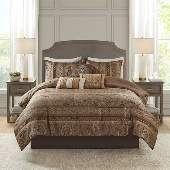 7 Piece Jacquard Comforter Set Brown/Gold King Olliix.com