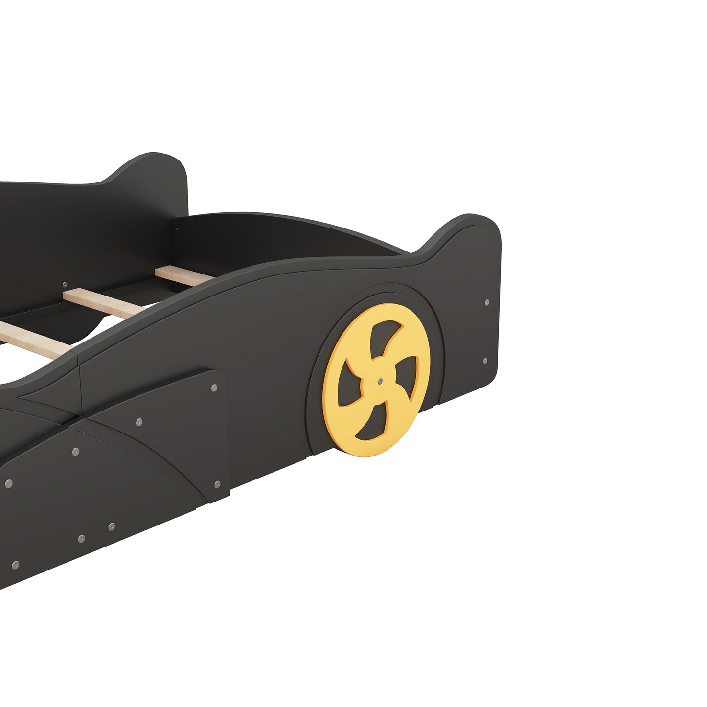 Twin Size Race Car-Shaped Platform Bed with Wheels and Storage, Black+Yellow House to Home Furnishings LLC