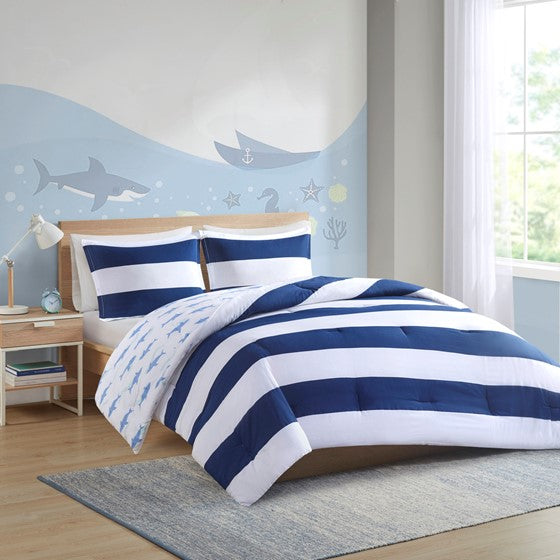 Cotton Cabana Stripe Reversible Comforter Set with Shark Reverse Navy Twin Olliix.com