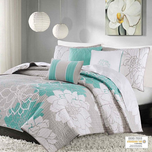 6 Piece Printed Cotton Quilt Set with Throw Pillows Aqua Cal King Olliix.com