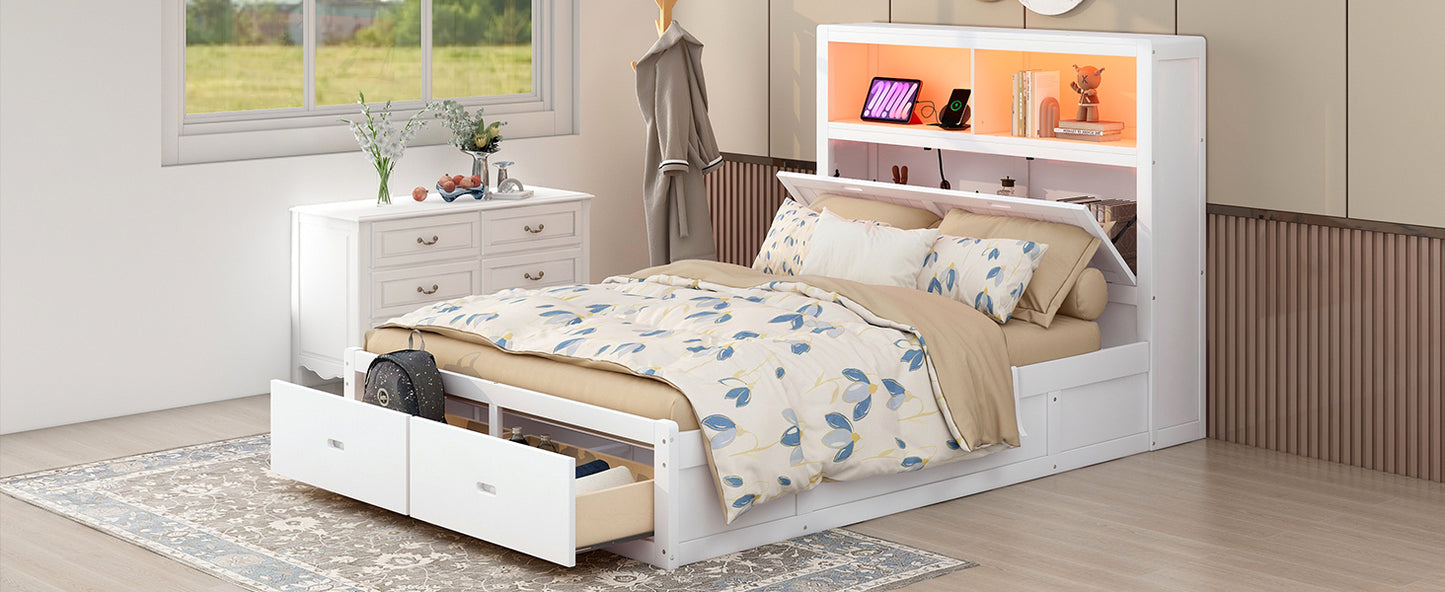 Wood Queen Size Hydraulic Platform Bed with Storage LED Headboard, Charging Station and 2 Drawers, White (FREE SHIPPING) House to Home Furnishings LLC